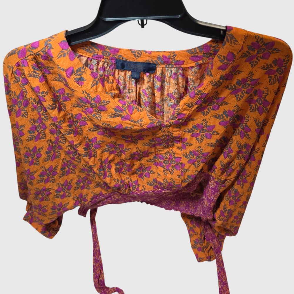 Rachel Rachel Roy Floral Crop Top Orange Purple Tie Back Boho Blouse L